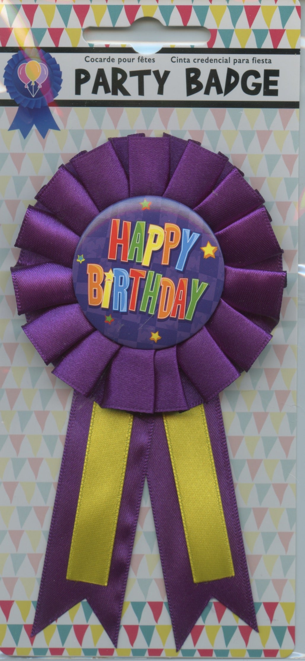 Birthday Badge with Pin - Happy Birthday with Purple Sash - 80mm Diameter