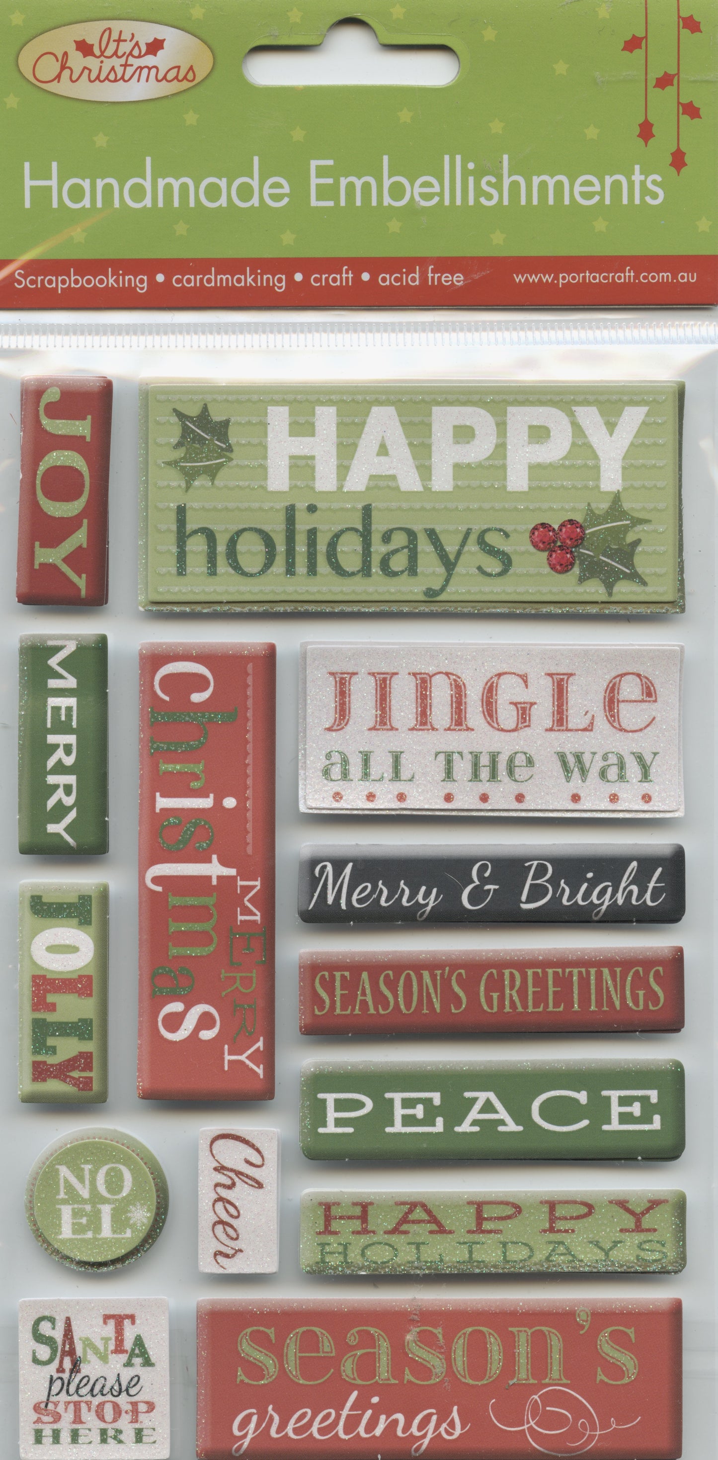 Porta Craft Handmade Embellishments Christmas Words 14pc