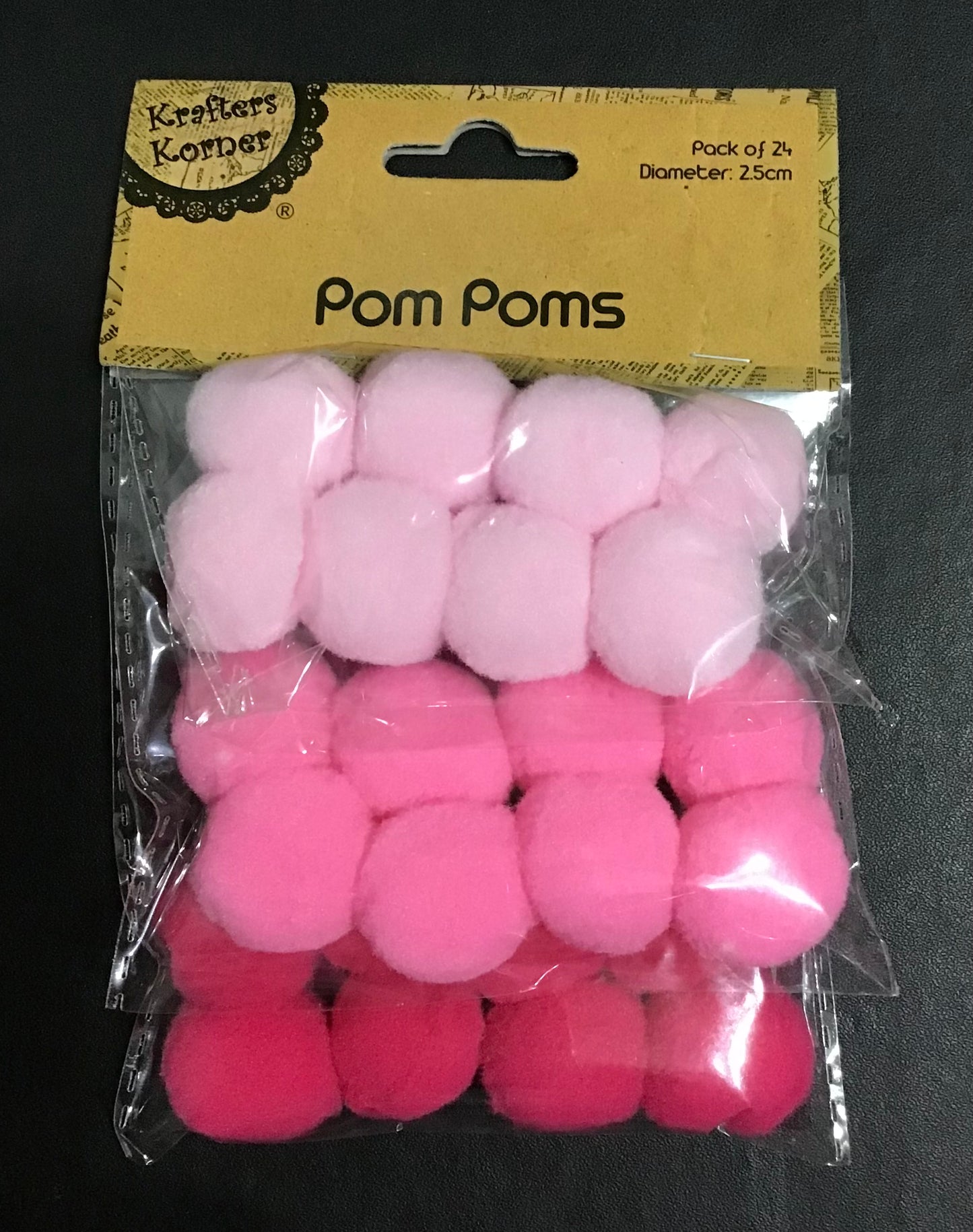 Pom Poms - 3 Shades of Pink - Pack of 24 - Size 25mm