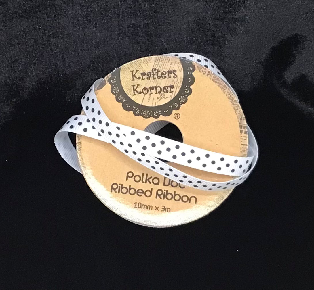 Polka Dot Ribbed Ribbon - White/Black dots - 10mm x 3m