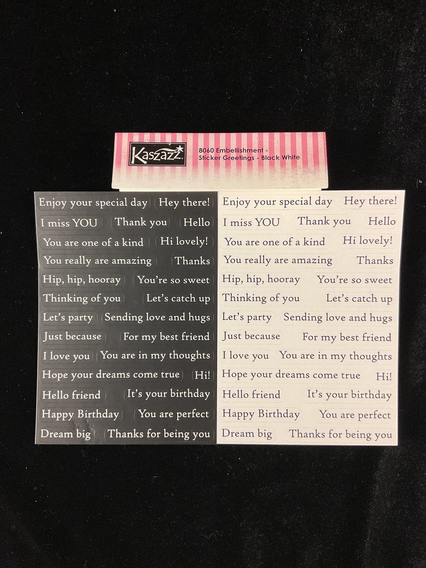 Kaszazz Sticker Greetings - Embellishments- Black and White - 54 pk - 2 sheets