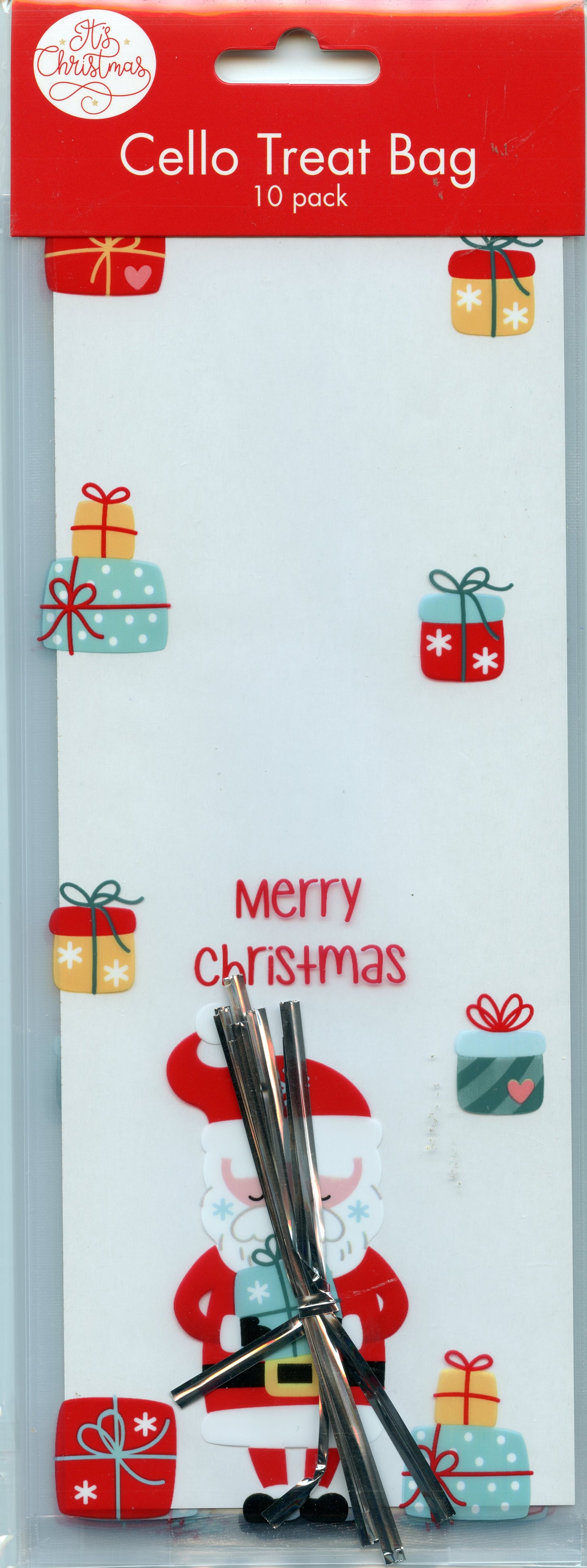 Cellophane Treat Bags - Merry Christmas/Santa/Gifts print - 10 pc