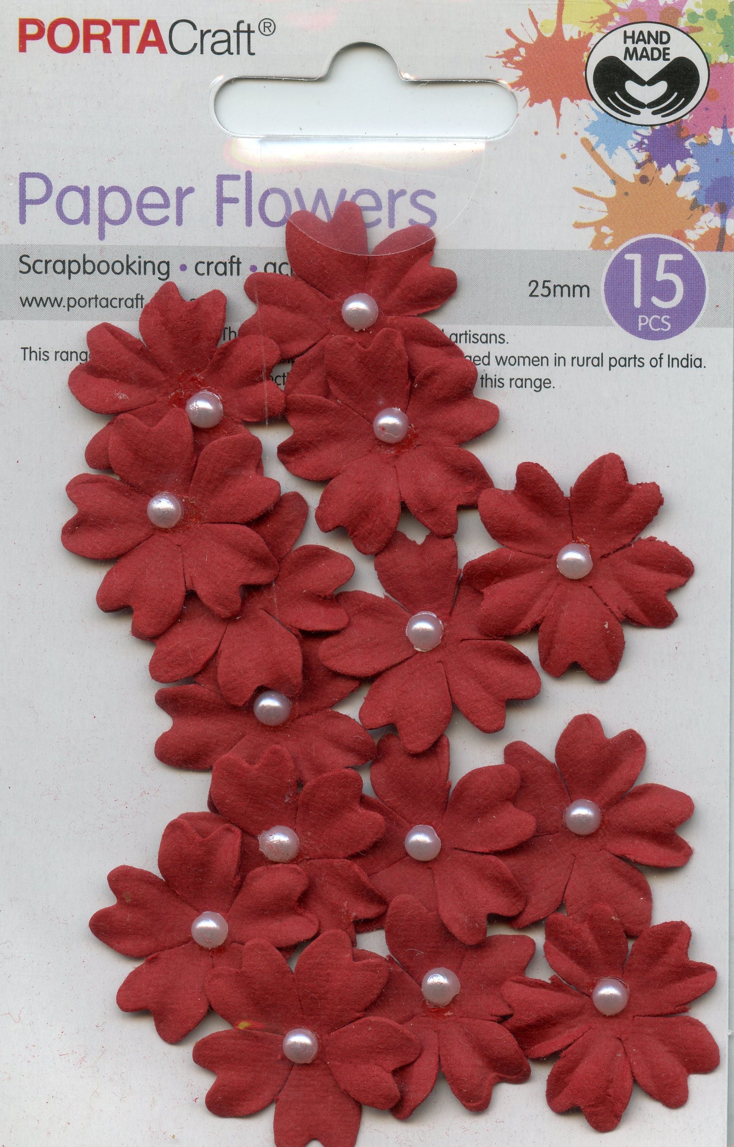 Porta Craft Paper Flowers - Red with Pearl Centre - 25mm - 15pc