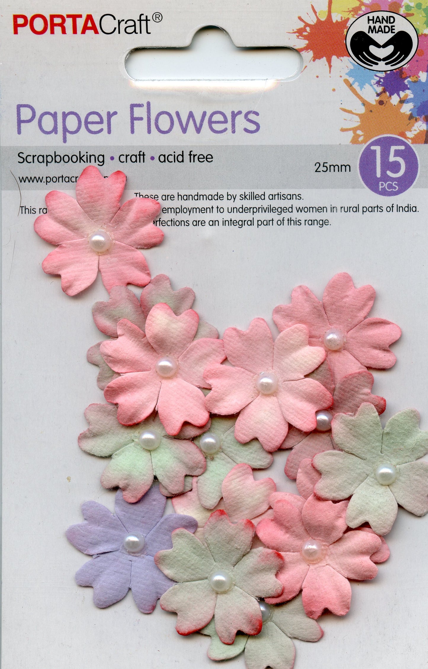 Porta Craft Paper Flowers - Pastel Shades with Pearl Centre- 25mm - 15pc