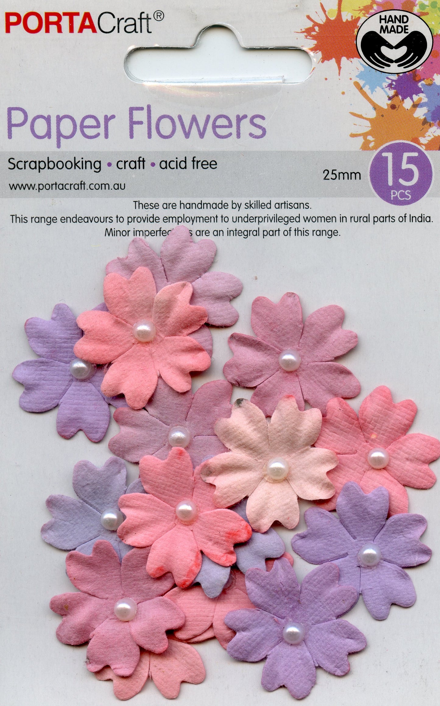 Porta Craft Paper Flowers- Pinks & Mauve with Pearl Centre- 25mm- 15pc