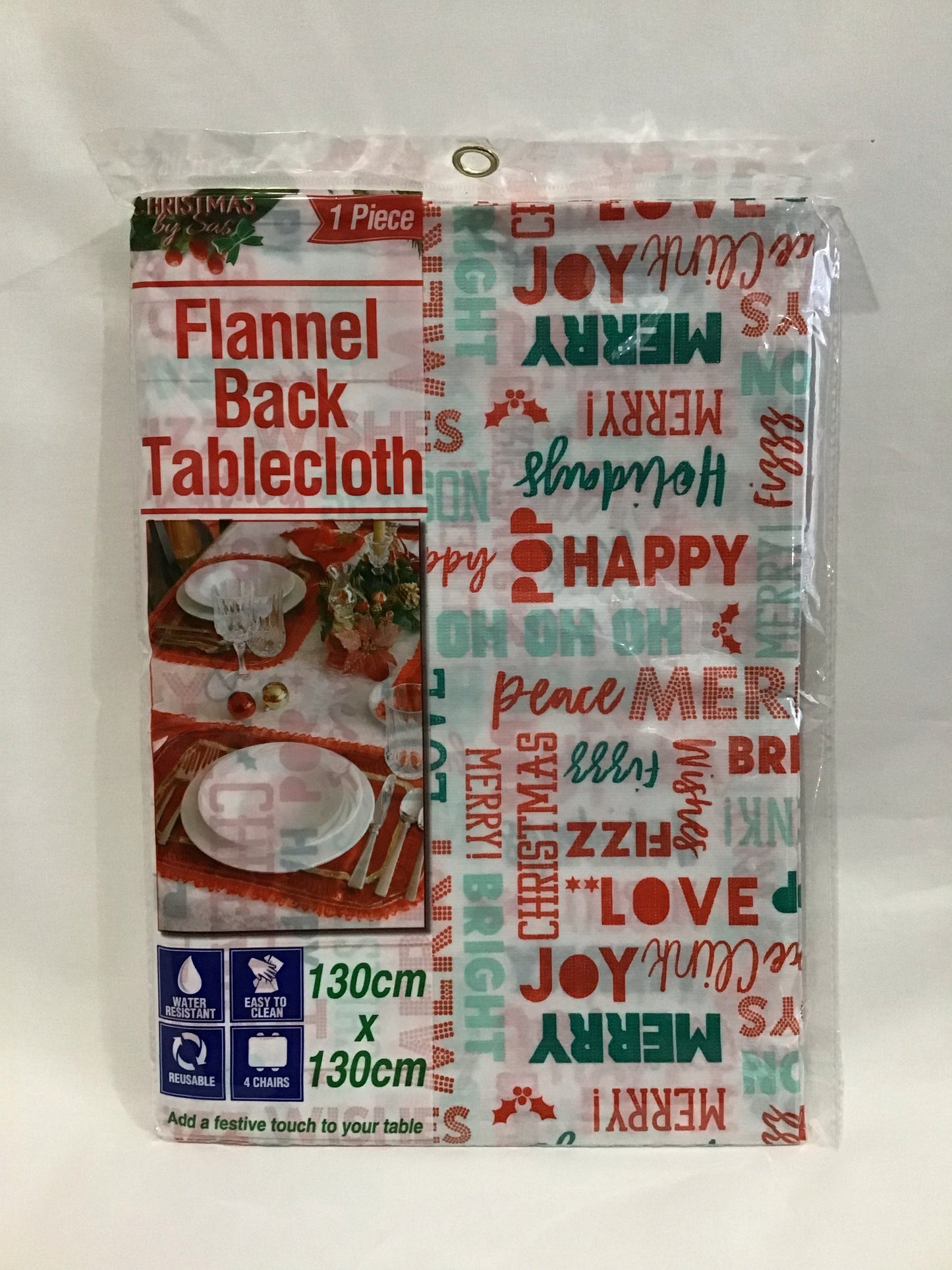 Christmas Flannel Back Table Cloth - 130cm x 130cm - Christmas Wording Red/Green