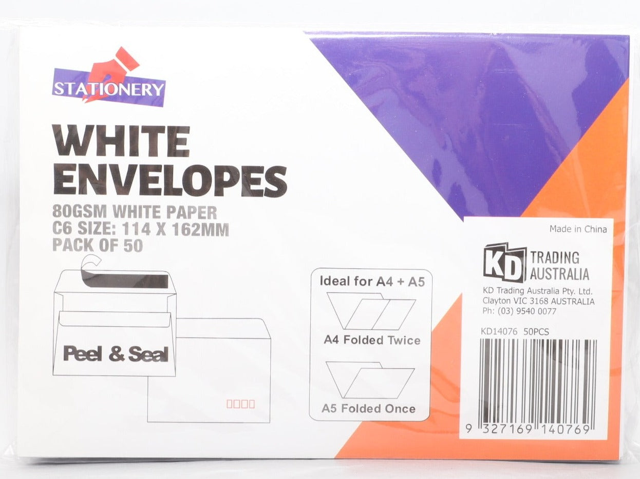 White Envelopes 80GSM - Self Seal - C6 - size 114 x 162mm - 50pk