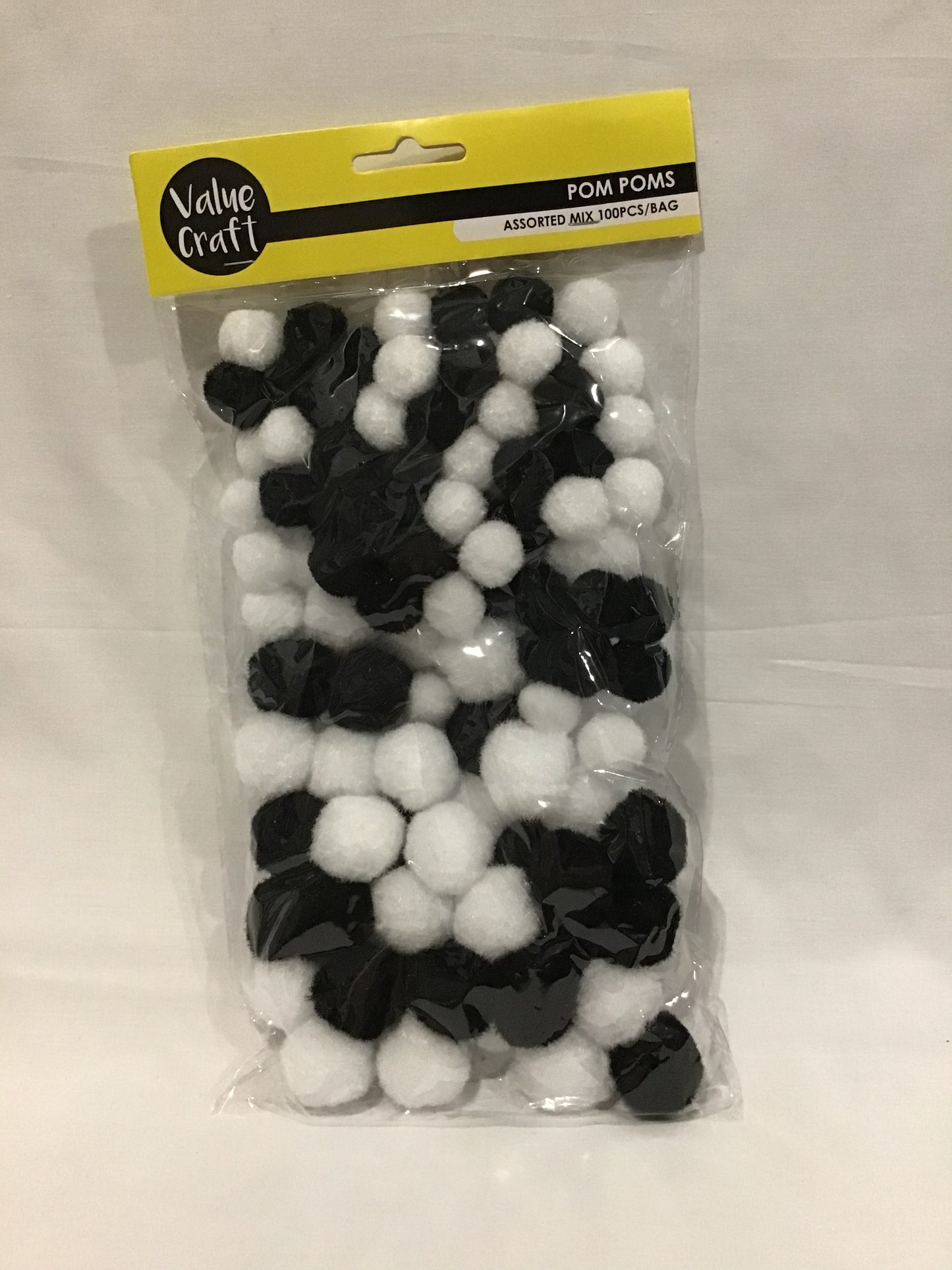 Pom Poms - Black/White- Assorted Mix and Sizes - 100 pcs