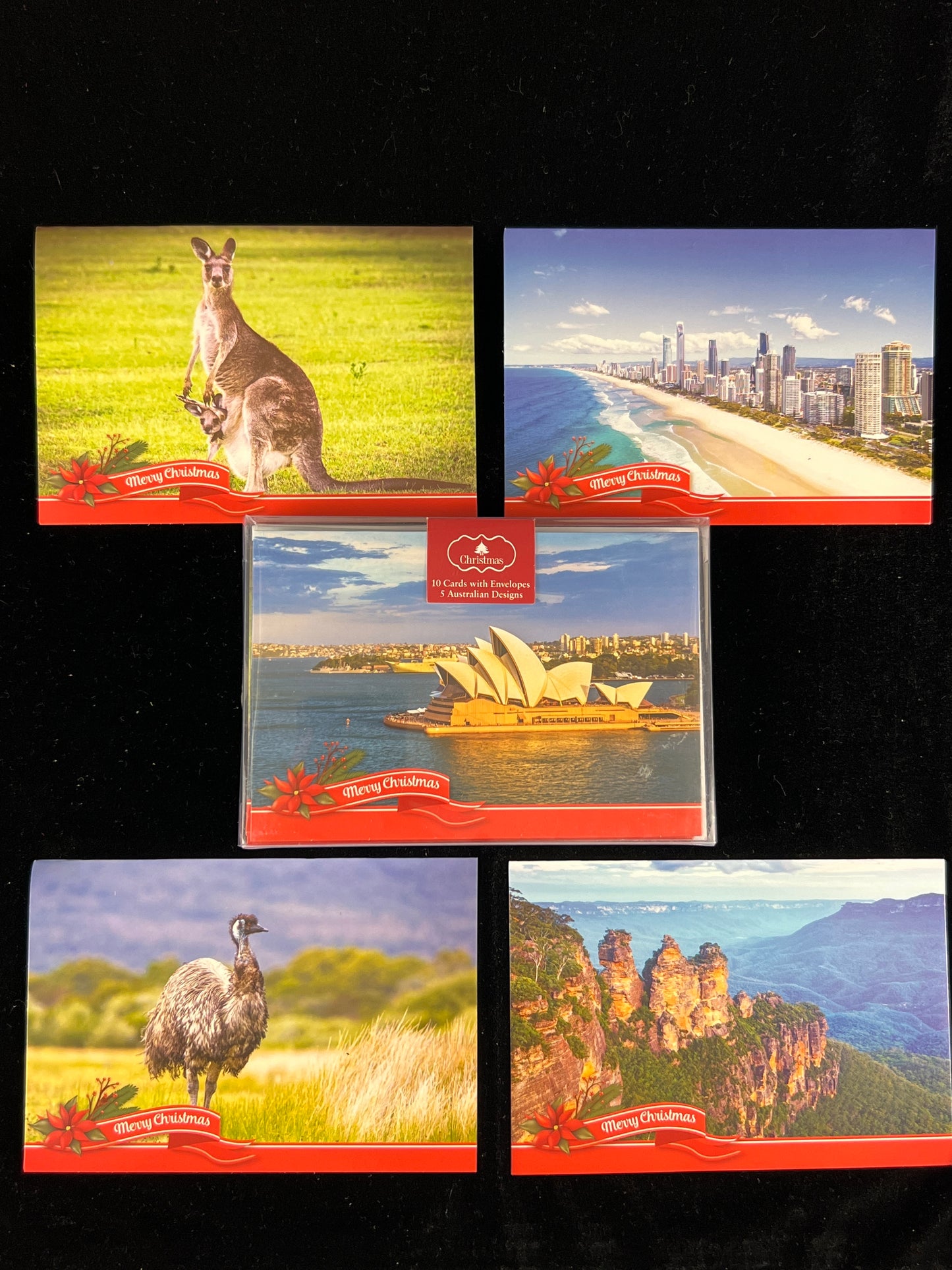 Australian Christmas Cards - 10 Cards/10 envelopes - 5 Australian designs