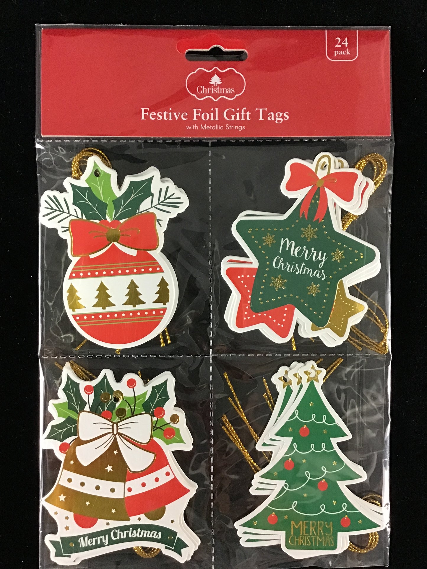 Christmas Festive Foil Gift Tags with metallic strings - 24 pk