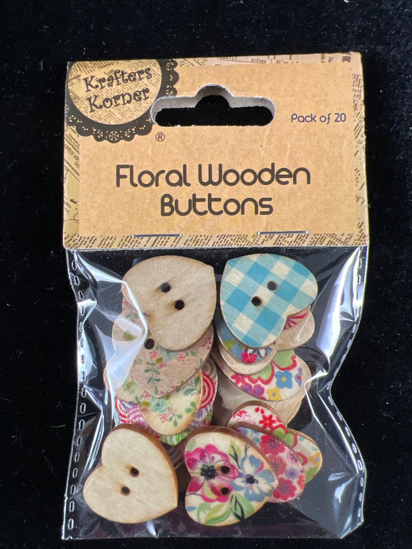 Floral Wooden Buttons - Heart - Pack of 20