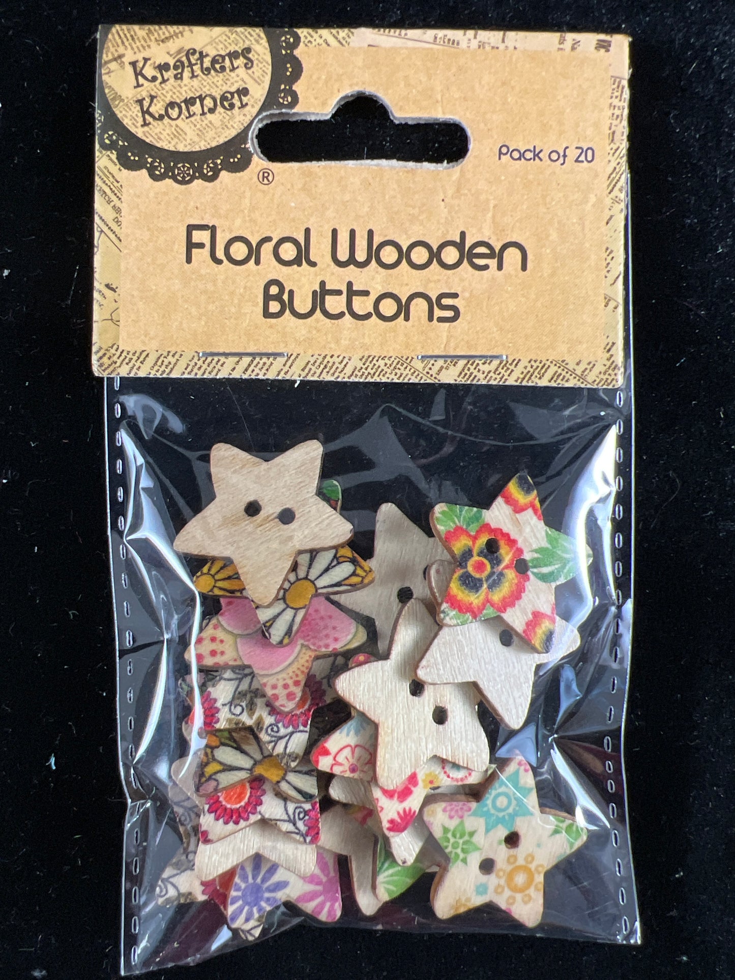 Floral Wooden Buttons - Stars - Pack of 20