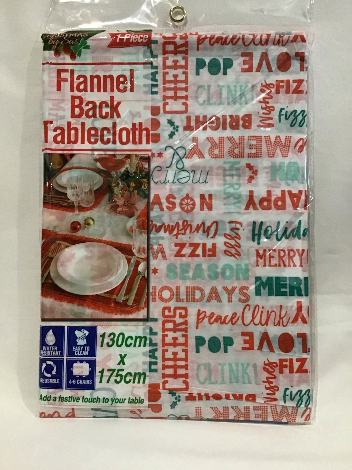Christmas Flannel Back Table Cloth - 130cm x 175cm - Christmas Wording Red/Green