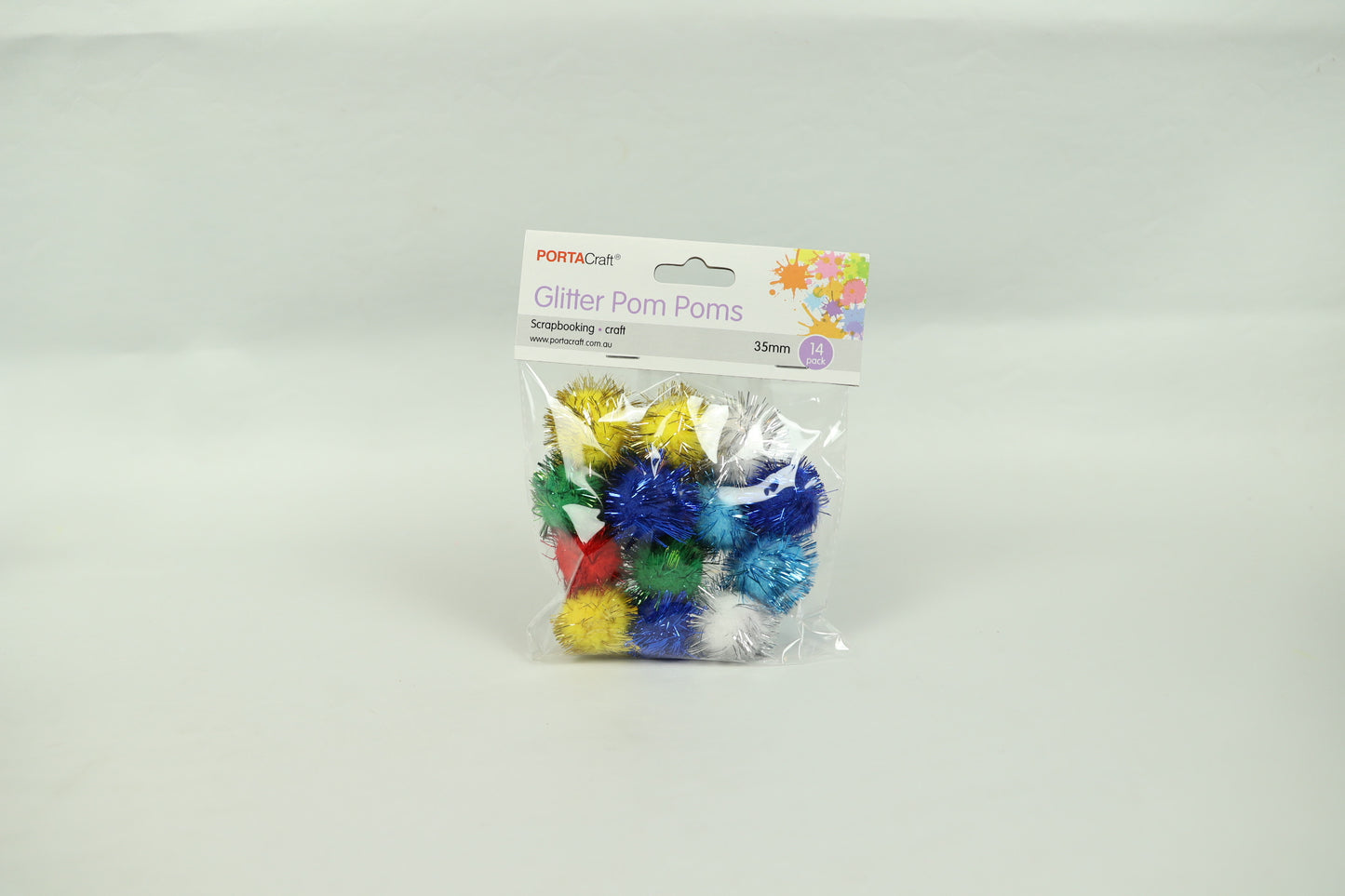 Glitter Pom Poms - Assorted Colours - Pack of 14 - 35mm