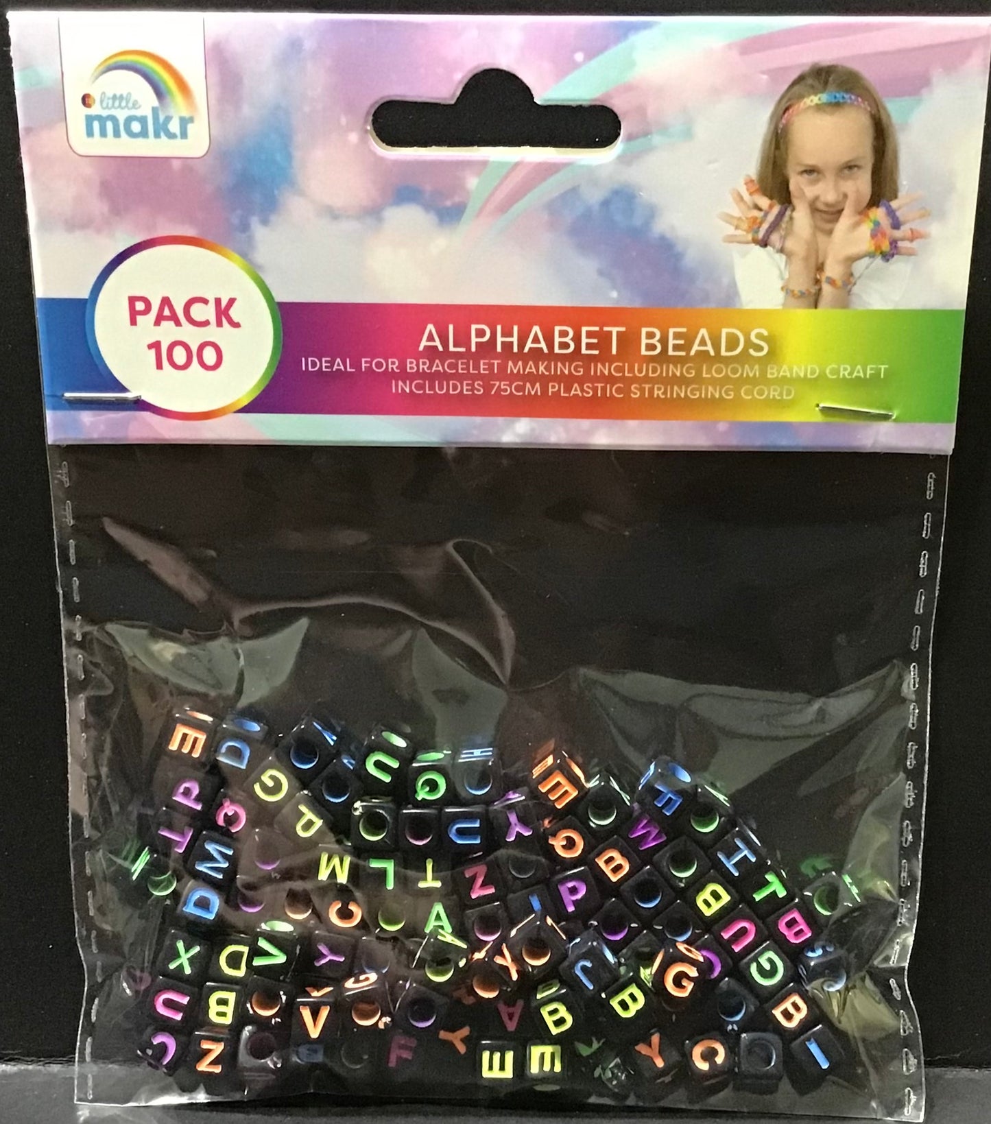 Alphabet Beads - Black with Neon Letters - 100 pk