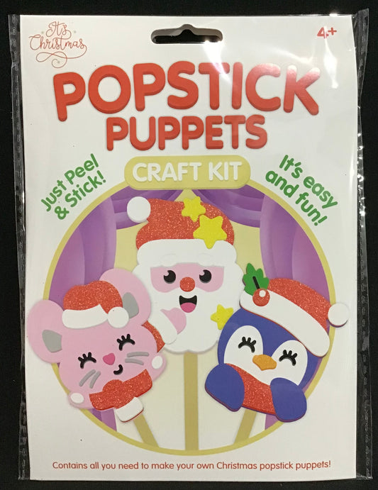 Popstick Puppets Craft Kit - Mouse/Santa/Penguin- Just peel and Stick - 3 pk