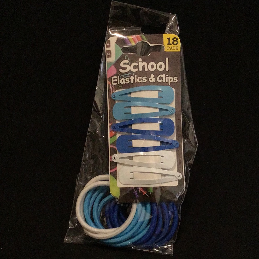 School Elastics and Clips - Royal Blue/Blue/White - 18 Pack