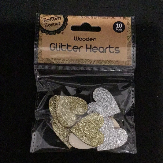 Wooden Glitter Hearts - Gold and Silver - 10 pack