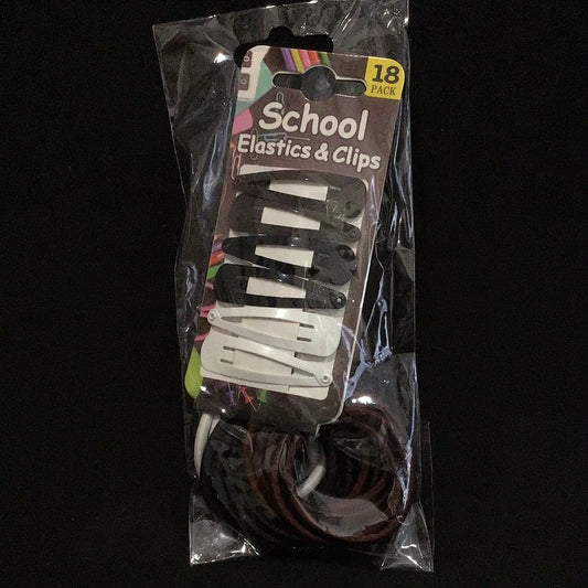 School Elastics and Clips - Brown/Black/White - 18 Pack