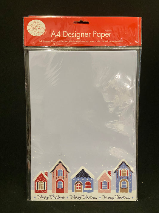 Christmas A4 Designer Paper - Pale Blue B/g with Snowcapped Houses - 25 Sheets