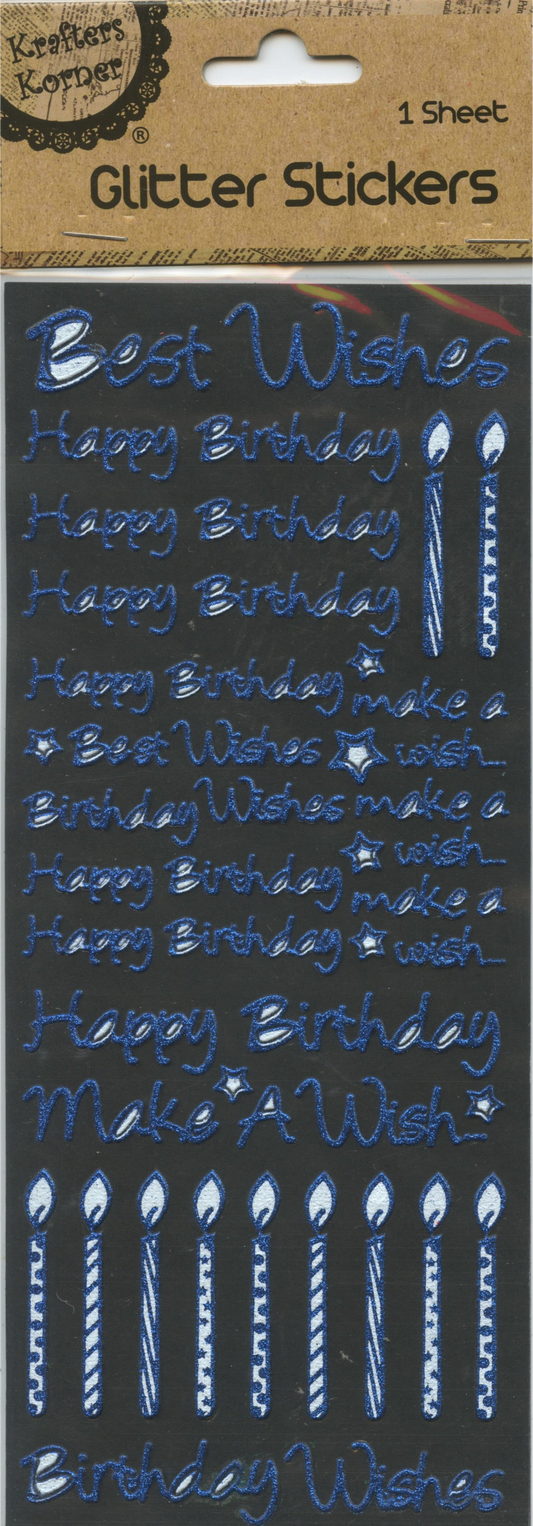 Glitter Stickers - Happy Birthday - Blue - 1 sheet
