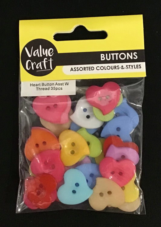 Buttons - Hearts with thread - Assorted Colours - 21mm - 35 pcs
