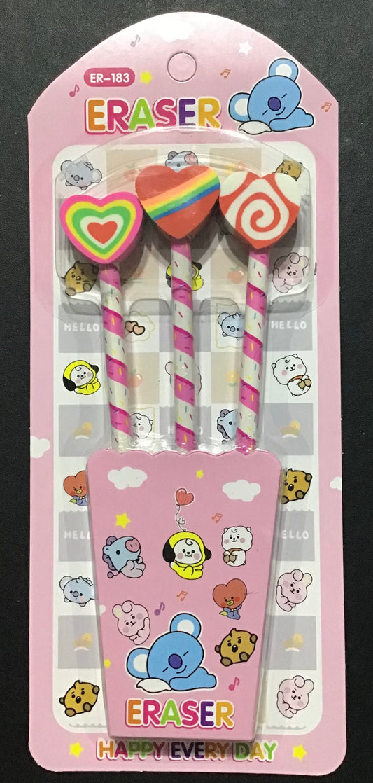 Love Heart/Swirls Themed Pencil and Eraser Set - 3 pk