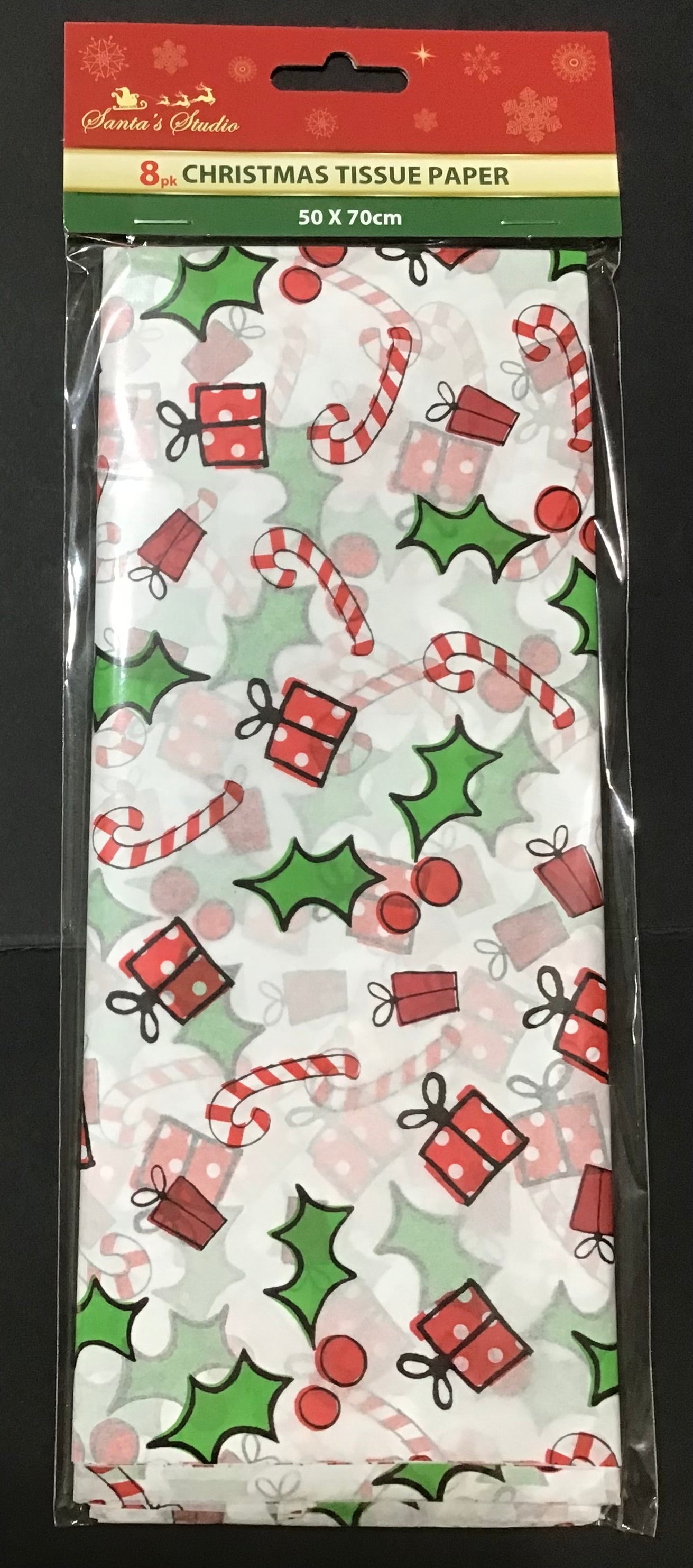 Tissue Paper - 8 Sheets - Christmas Candy canes/Gifts/Holly & Ivy - 50cm x 70cm