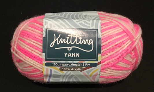 Knitting Yarn- 8 ply- Multi Pinks and White-100g -100% Acrylic