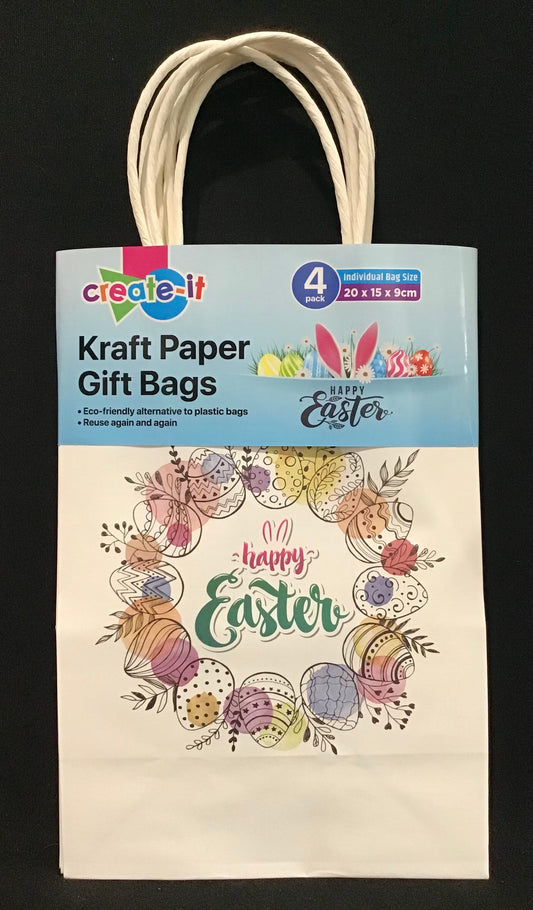 Gift Bags - Happy Easter - Wreath with Eggs/Leaves - 4pk - 20x15x9cm
