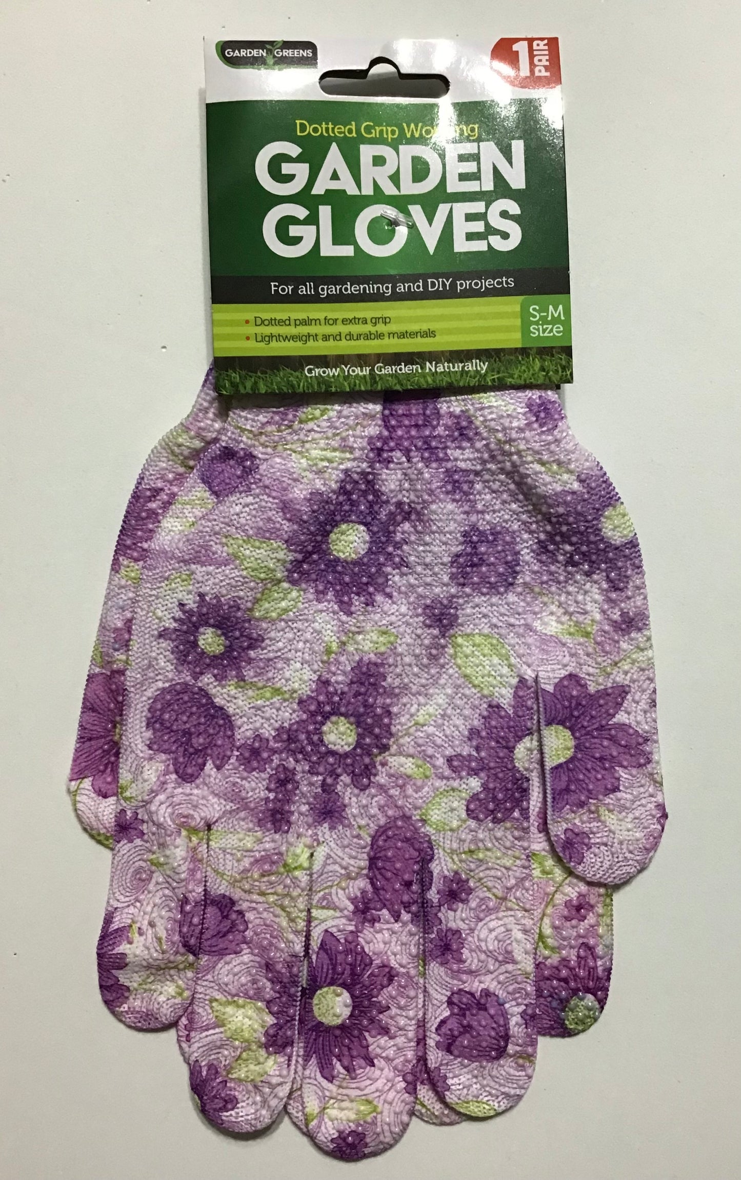 Dotted Grip Garden Gloves - 1 pair - Mauve with Purple Flowers - Size-S-M