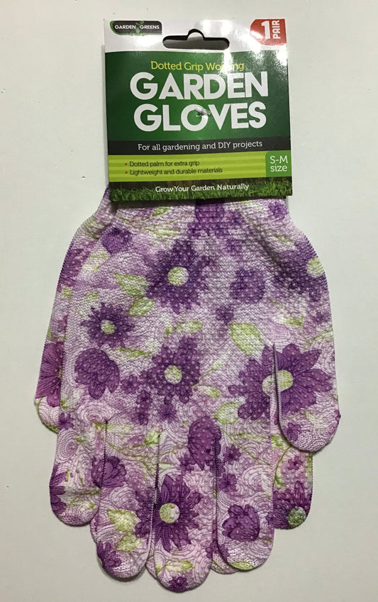Dotted Grip Garden Gloves - 1 pair - Mauve with Purple Flowers - Size-S-M
