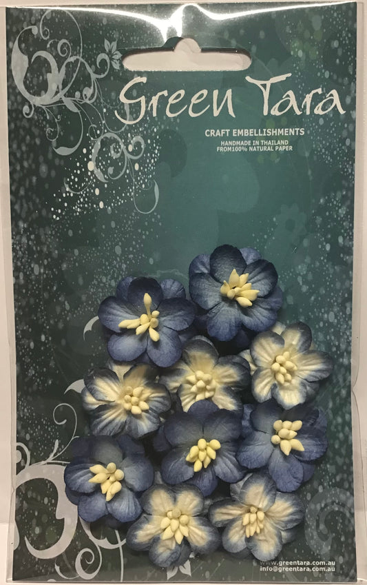 Cherry Blossom Flower - Deep Blue/Blue & Cream - 25mm - 10 pk