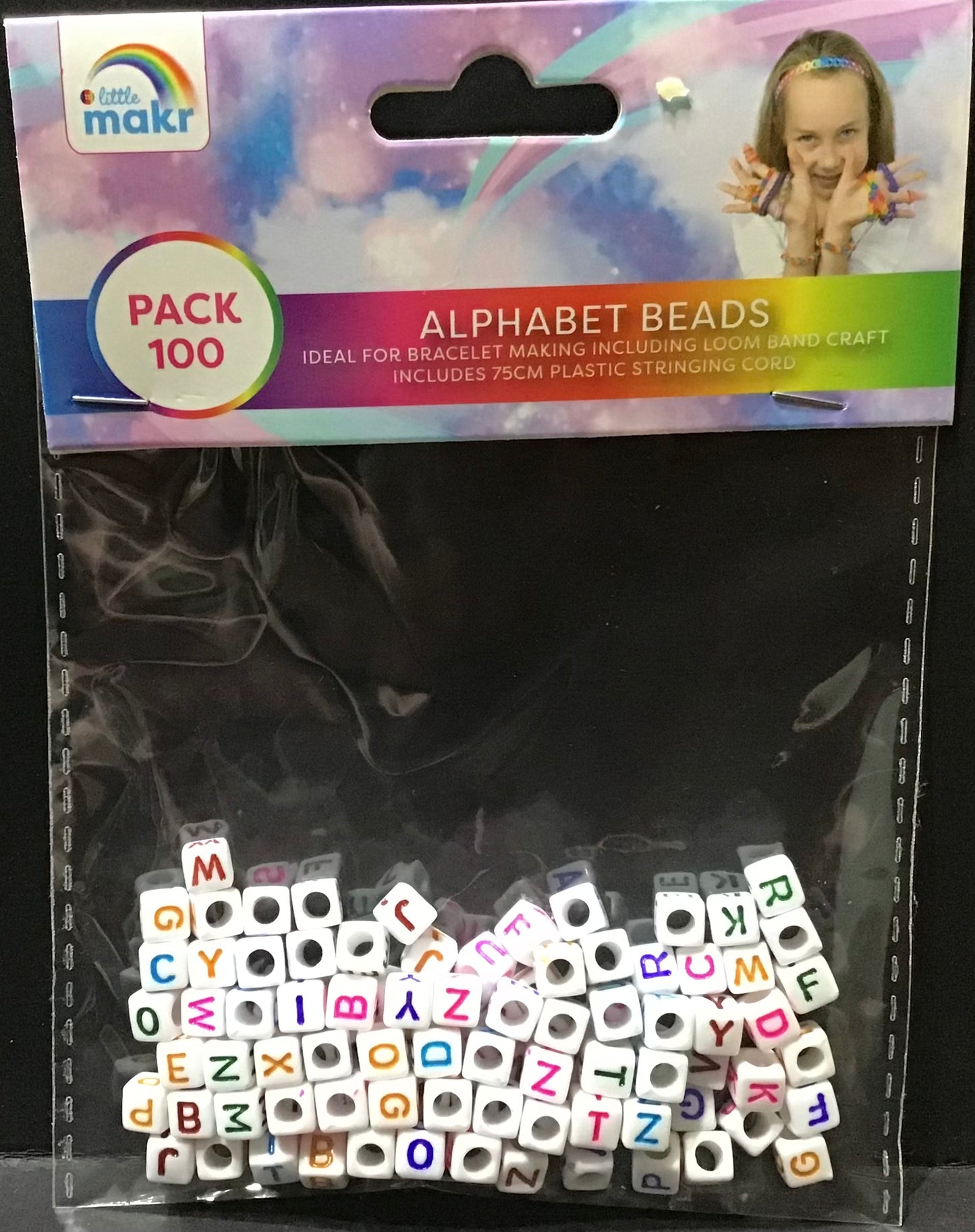 Alphabet Beads - White with Coloured Letters - 100 pk