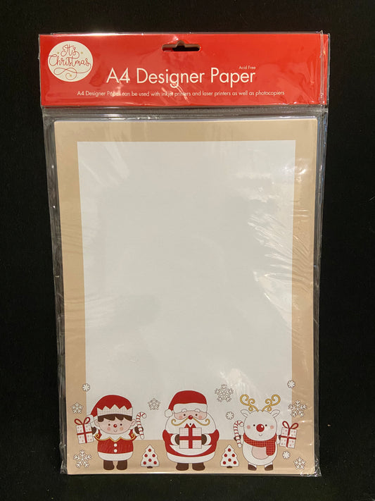 Christmas A4 Designer Paper - Beige edge with Elf/Santa/Reindeer - 25 Sheets