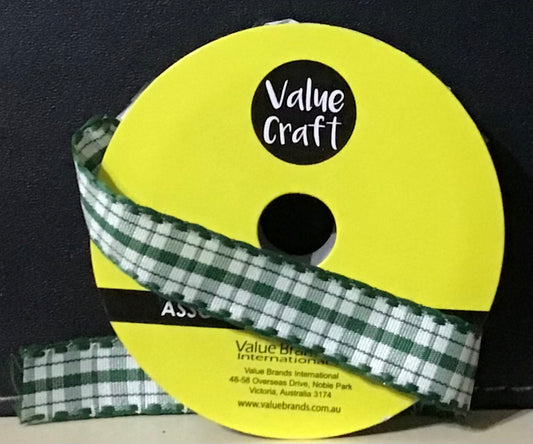Gingham Ribbon - Green - 15mm x 3m