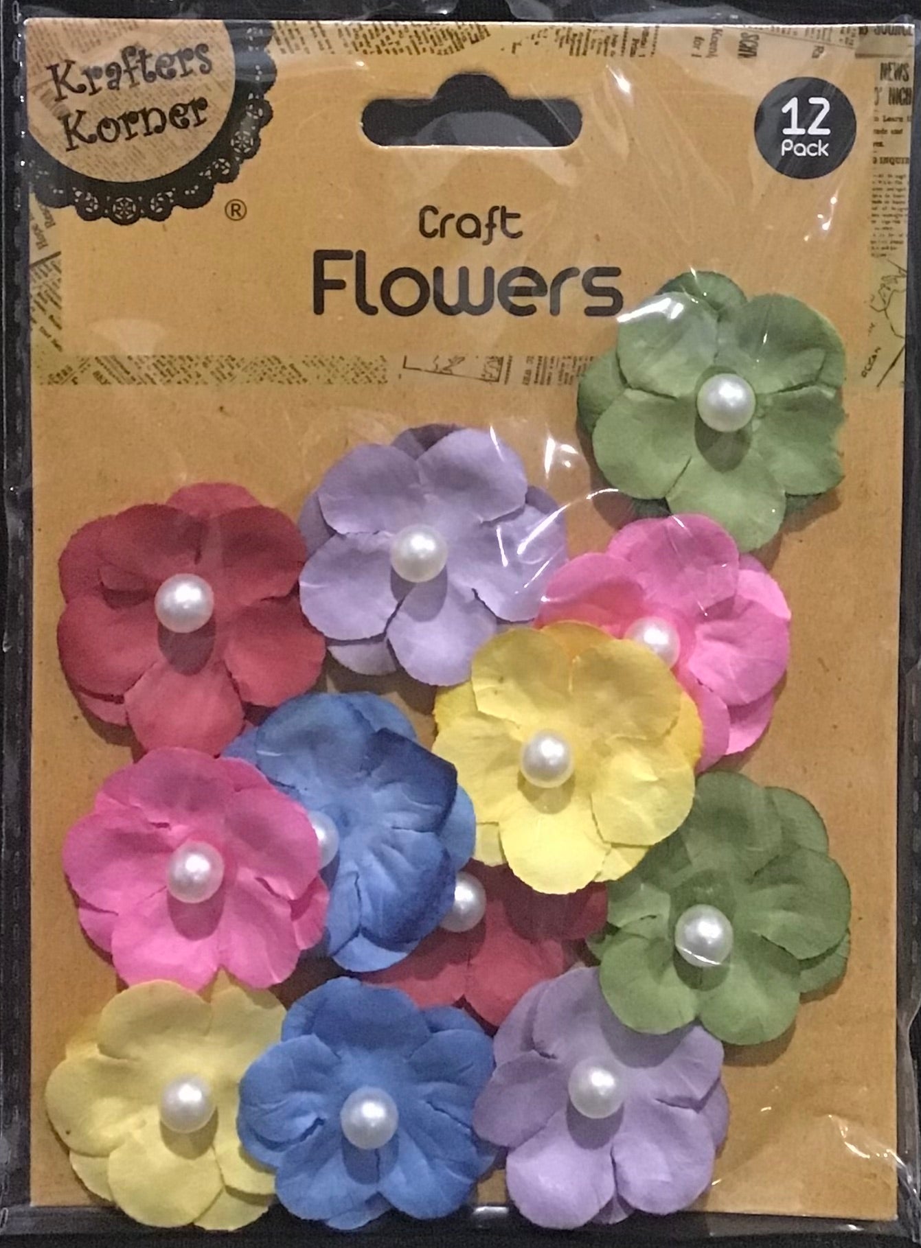 Paper Craft Flowers with Pearl Centre - Brights - 12 pk