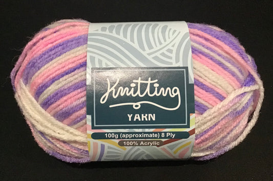 Knitting Yarn- 8 ply- Multi Pink/Mauve/White-100g -100% Acrylic