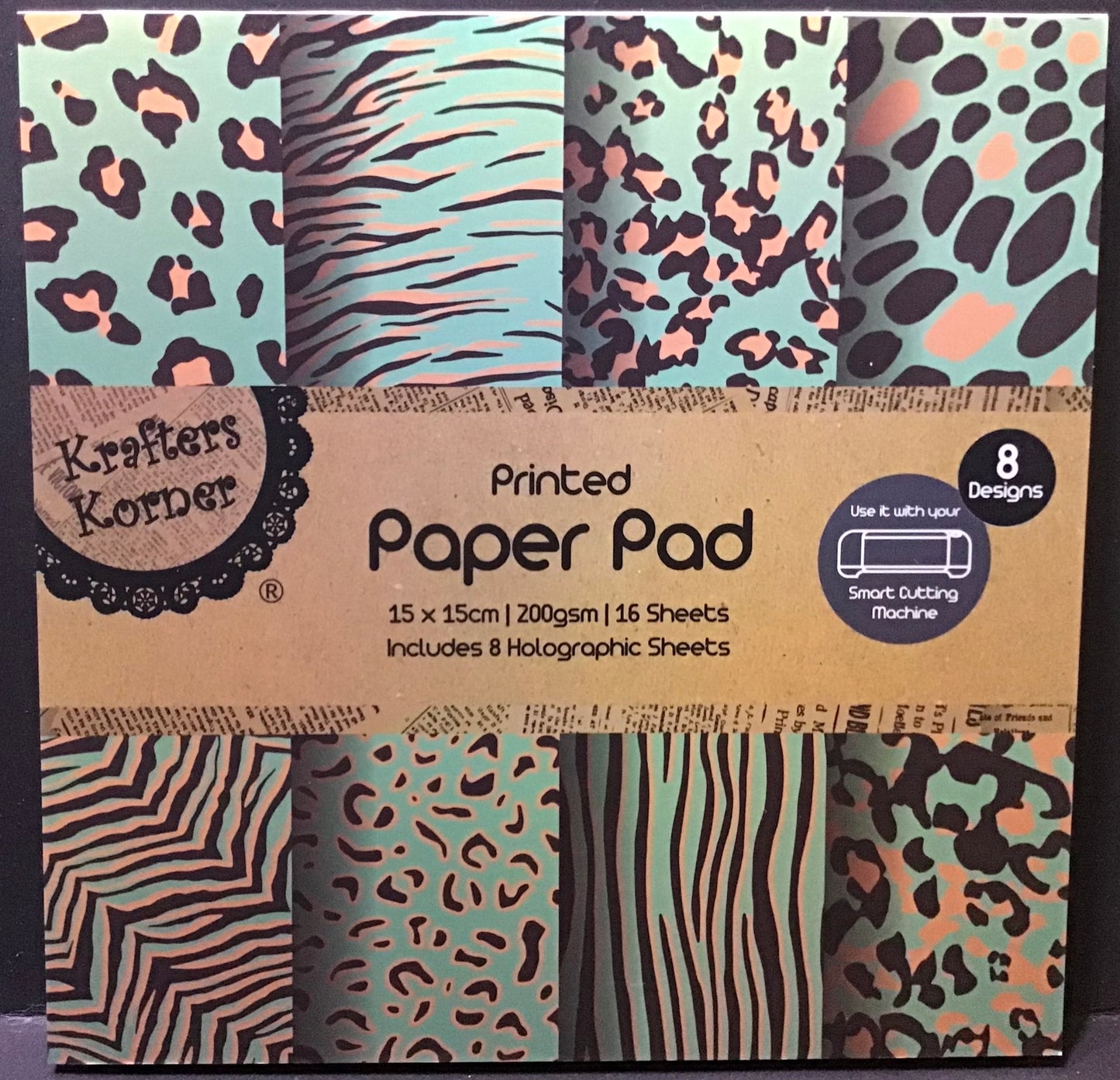 Animal Skin Print (Green b/g) + Holographic Scrapbooking Papers - 16 sheets - 15x15cm