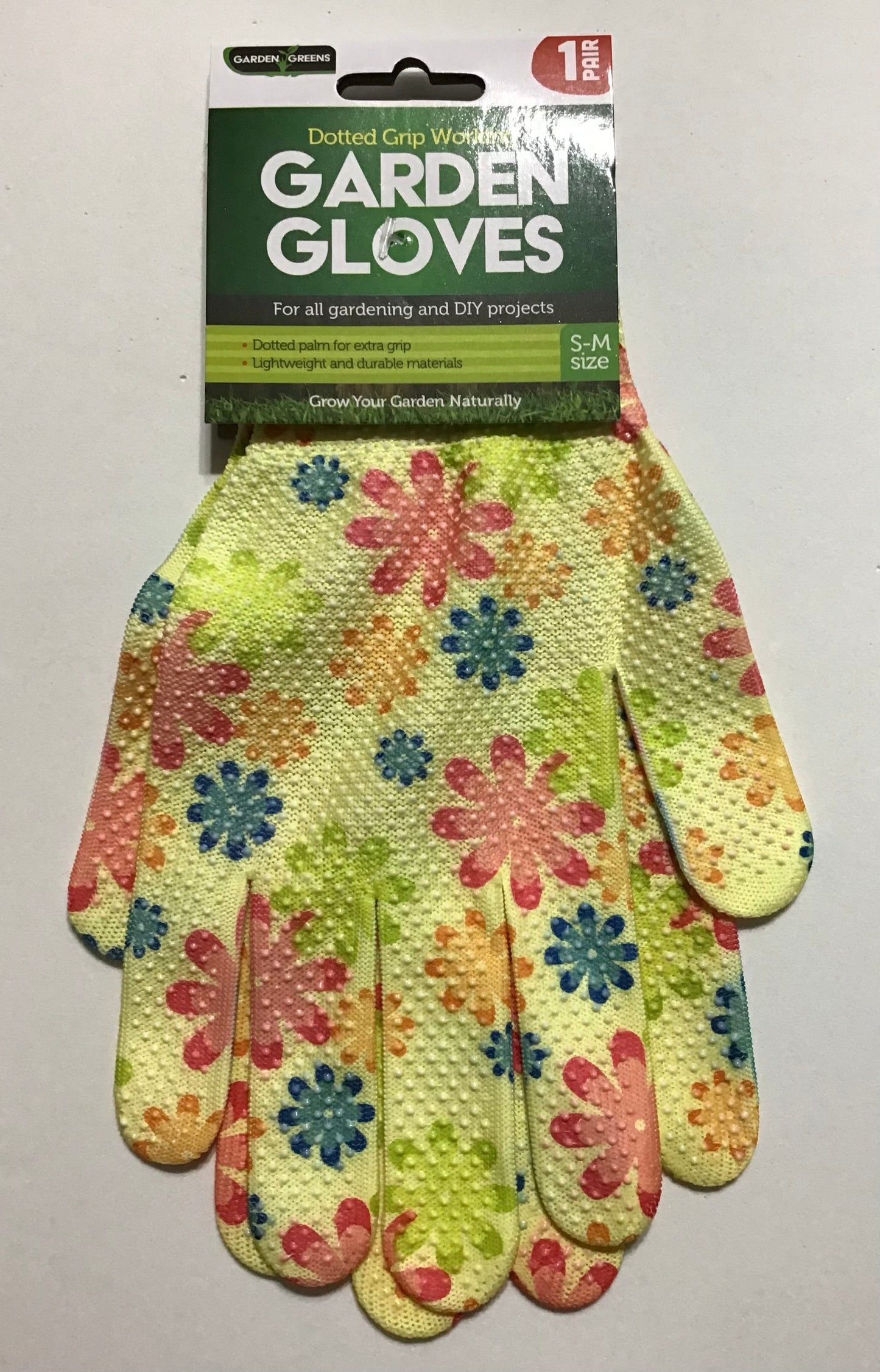 Dotted Grip Garden Gloves - 1 pair - Yellow with assorted Flowers - Size-S-M