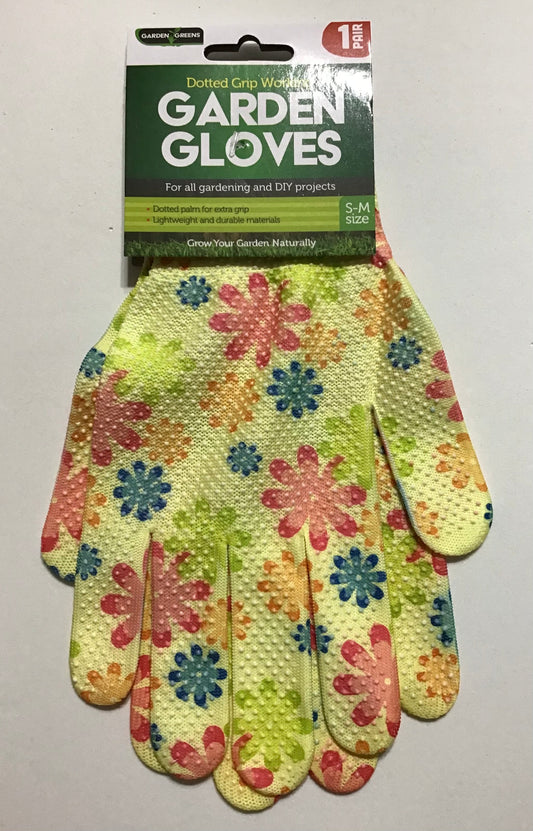 Dotted Grip Garden Gloves - 1 pair - Yellow with assorted Flowers - Size-S-M