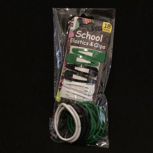 School Elastics and Clips - Green/Black/White - 18 Pack