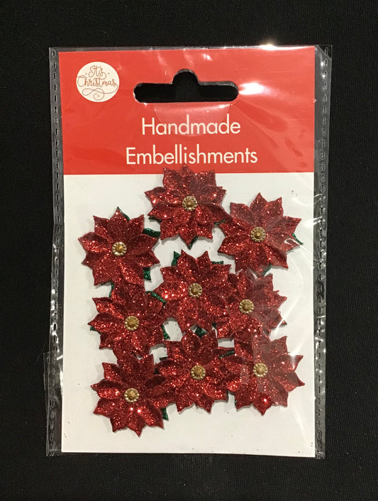 Glitter Christmas Poinsettia with Gold Gem Centre - Approx 2.5cm - 9 pack