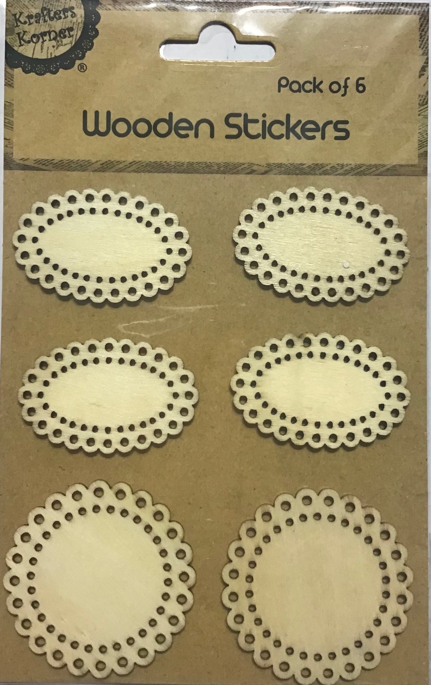 Wooden Stickers - Scalloped Edge Ovals and Circles - Pack of 6