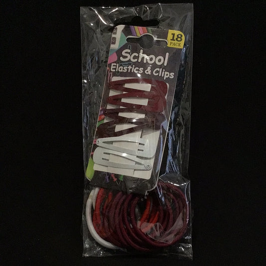 School Elastics and Clips - Burgundy/Red/White - 18 Pack