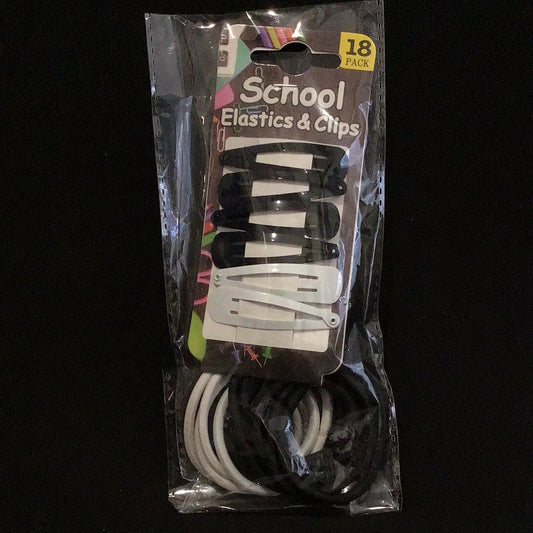 School Elastics and Clips - Black/White - 18 Pack