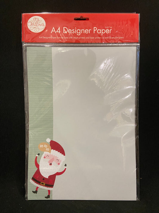 Christmas A4 Designer Paper - Pale Green trim with Santa - 25 Sheets