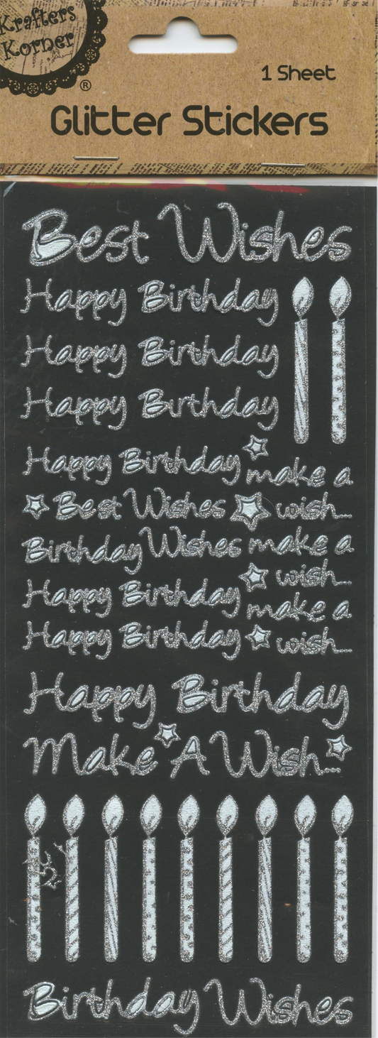 Glitter Stickers - Happy Birthday - Silver - 1 sheet