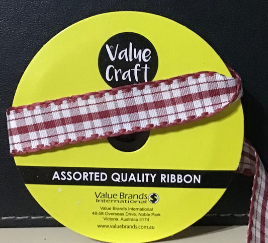Gingham Ribbon - Brown - 15mm x 3m