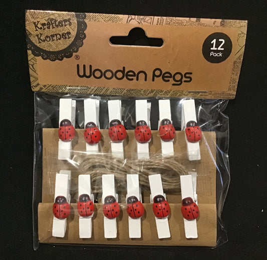 Wooden Pegs White with Red Ladybirds - 12 pack